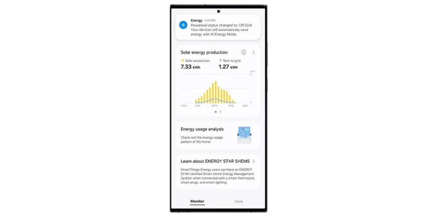 Image of Mobile Phone with SmartThings App Alerting Tesla Powerwall Status and AI Energy Mode Activation