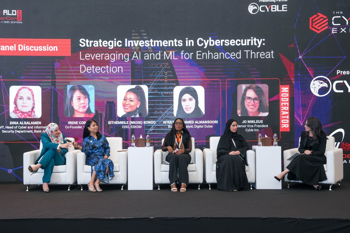 (L-R: Dina Alsalamen, VP, Head of Cyber and Information Security Department, Bank ABC; Irene Corpuz – Co-Founder, Women in Cyber Security Middle East; Sithembile (Nkosi) Songo – Chief Information Security Officer, ESKOM; Afra Mohammed Almansoori – Business Analyst, Digital  Dubai and Jo Mikleus – Senior Vice President, Cyble Inc