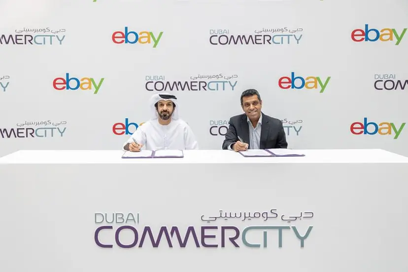 Dubai CommerCity collaborates with eBay. L-R Abdulrahman Shaheen and Ashish Chabbra signing the MoU. Image Courtesy: Dubai CommerCity