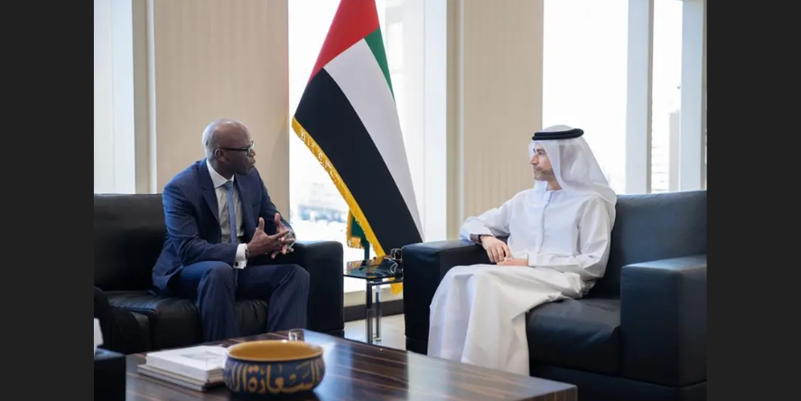 H.E. Mohamed bin Hadi Al Hussaini, Minister of State for Financial Affairs, and Ousmane Dione, Vice President of the World BankDuring the meeting. Image Courtesy: UAE Ministry of Finance