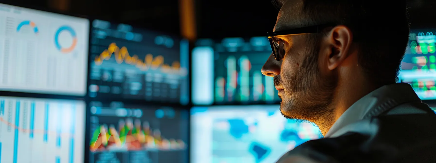 A man wearing glasses focuses on a computer screen displaying multiple screens related to Telecom Expense Management Solutions.