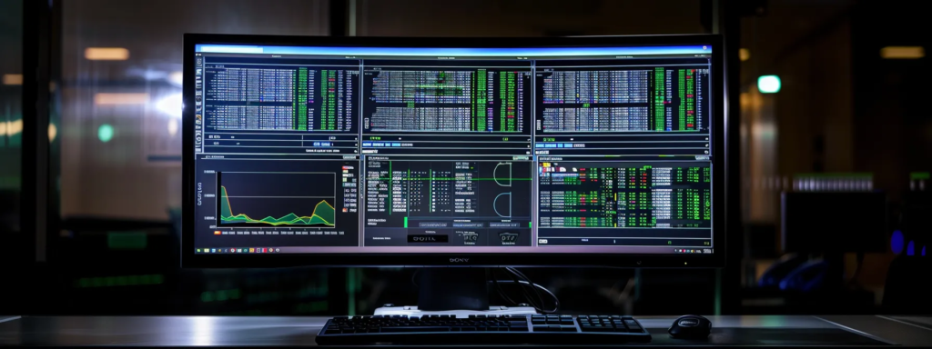 A computer monitor displaying multiple screens related to regulatory compliance and risk management in telecom expenses.