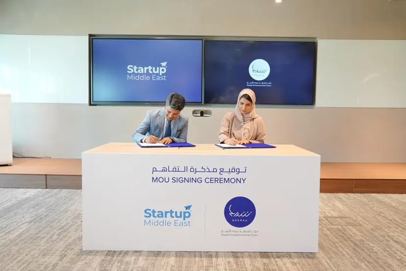 The MoU was signed at Sheraa’s headquarters by H.E. Sara Abdulaziz Al Nuaimi, CEO of Sheraa, and Siby Sudhakaran, CEO of Startup Middle East. Image Courtesy: Sheraa