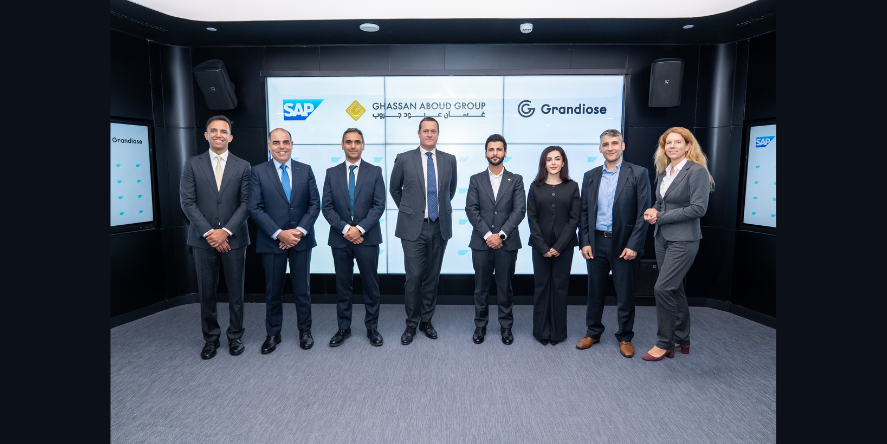 Grandiose Supermarket Partners with SAP. (from left to right): Hisham Mansour - Senior Account Executive, SAP; Marwan Zeineddine - Managing Director, UAE, SAP; David Wilkinson – Director of Portfolio & Project Management, Ghassan Aboud Group; Olivier Leblan – Chief Digital & Technology Officer, Ghassan Aboud Group; Mussaab Aboud – CEO Food Division, Grandiose Supermarket; Joud Aboud – Executive Vice President of Strategy & Corporate Affairs, Ghassan Aboud Group; Ahmad Aboud – Group CFO, Ghassan Aboud Group; Nicole Deumens – CMO, Ghassan Aboud Group. Image courtesy: Grandiose Supermarket