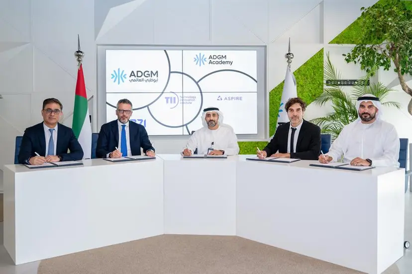 ADGM, ADGM Academy (ADGMA), Technology Innovation Institute (TII), Hub71, and ASPIRE agreement signing. Image Courtesy: ADGM
