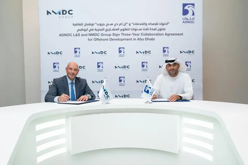 From Left to right: Captain Abdulkareem Al Masabi, CEO of ADNOC L&S and Engineer Yasser Zaghloul, CEO of NMDC Group signing the three-year collaboration agreement. Image courtesy: NMDC
