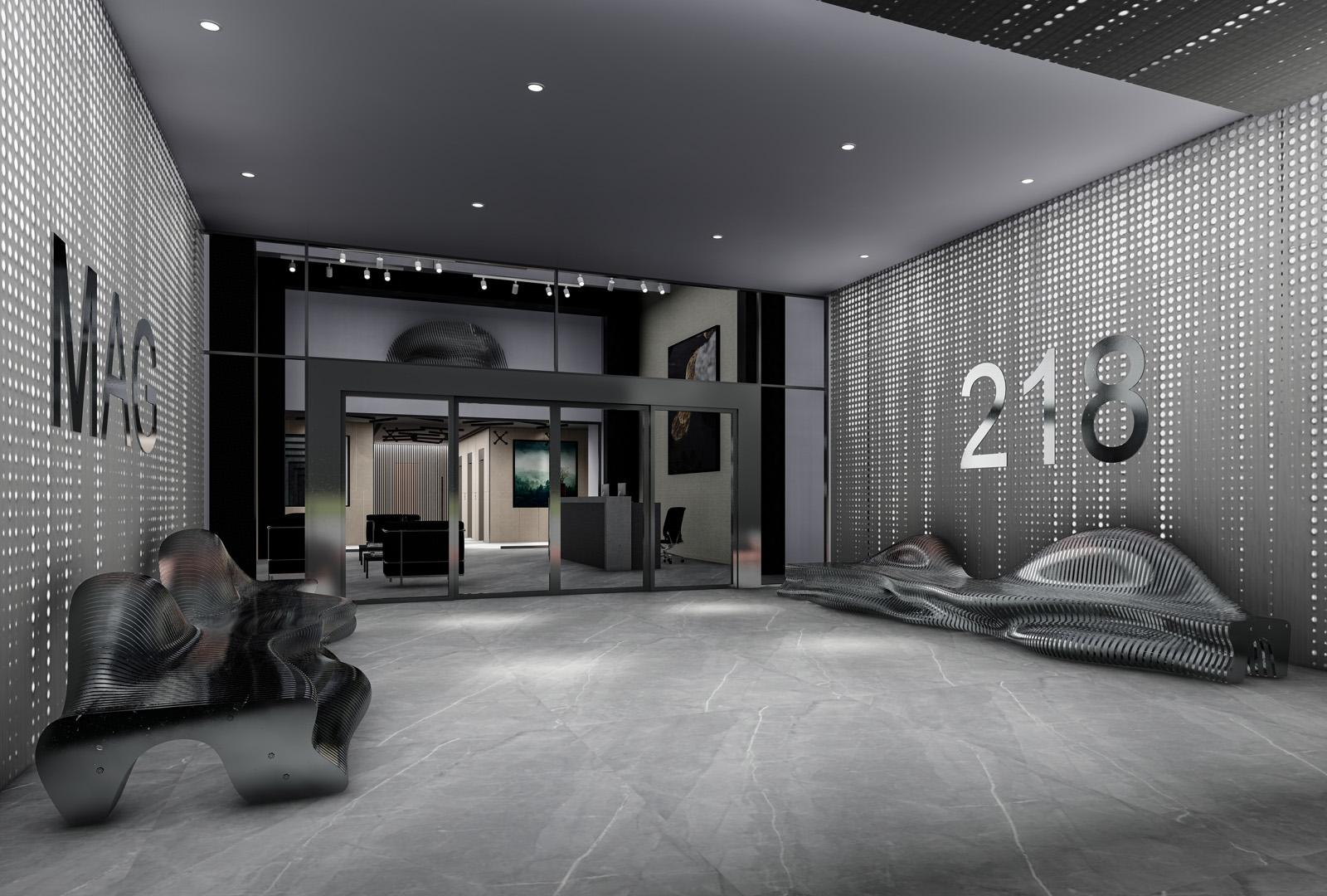 Lobby designed by interior design contractor in Dubai featuring modern finishes, lighting, and sculptural seating