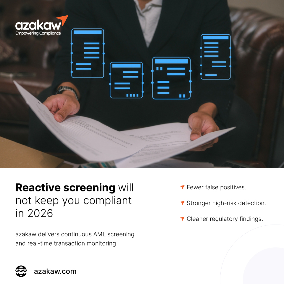 azakaw's AML Screening and Real Time Monitoring Module. Image Courtesy: azakaw