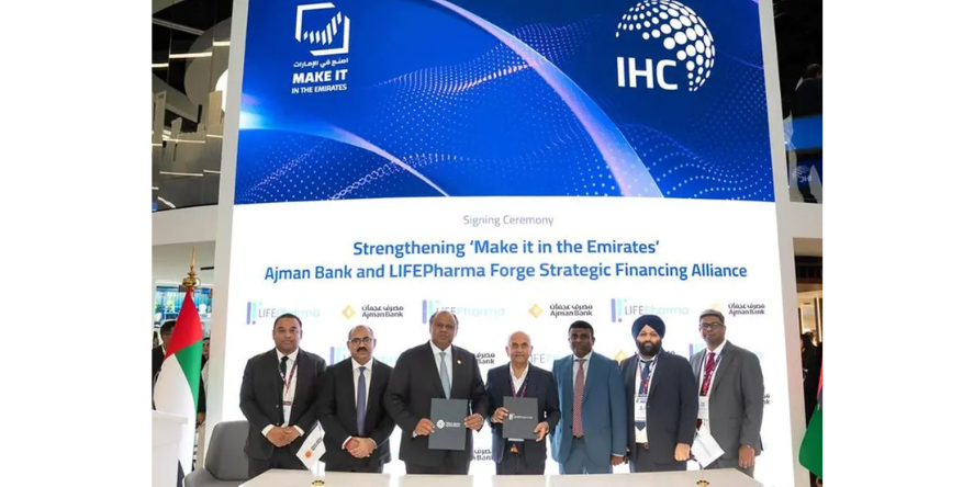 Ajman Bank has entered into a strategic financing agreement with LIFEPharma on the sidelines of Make it in the Emirates, at the IHC Pavilion. Image Courtesy: Ajman Bank