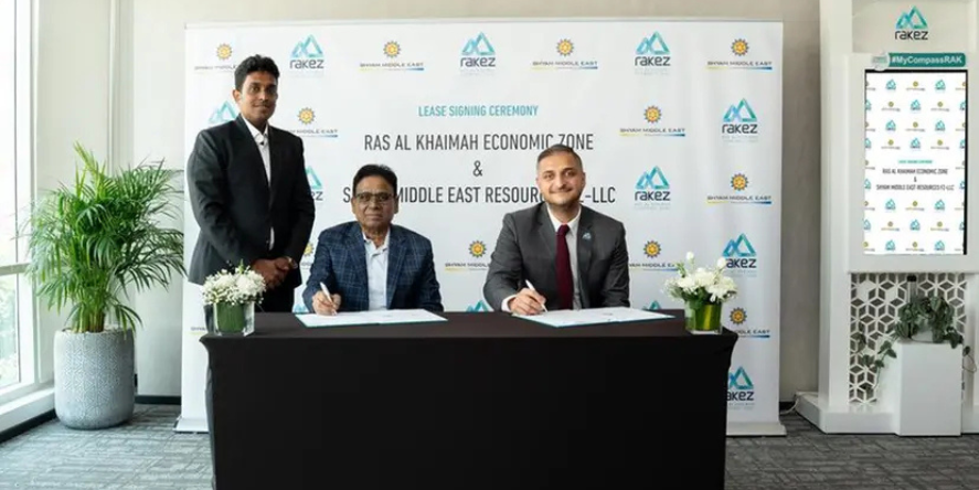 Shyam Steel Group Chairman Shri Purushottam Beriwala (seated left) and RAKEZ Sales Director Mustafa Shaker during the signing event. Image courtesy-Shyam Steel Group