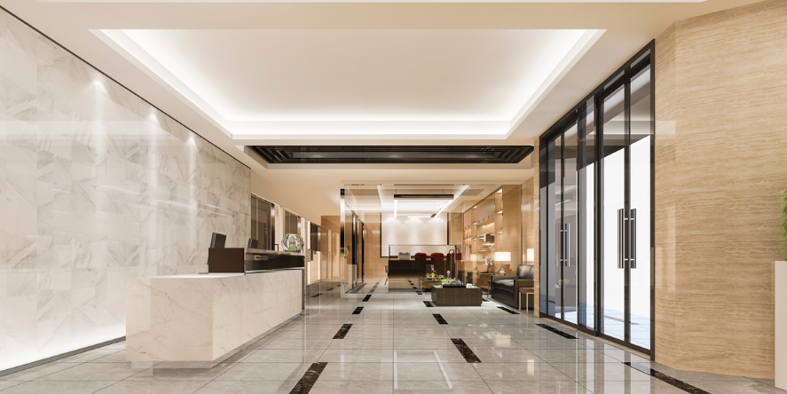 Modern luxury hotel office reception lounge with meeting room. Image Courtesy-dit26978 from Magnific