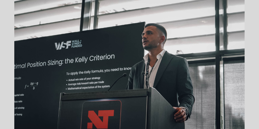 A WSFunded CEO presenting “Optimal Position Sizing: The Kelly Criterion” at the Prop Firm London Expo, sharing insights on risk management and disciplined trading. Image Courtesy-WSFunded

