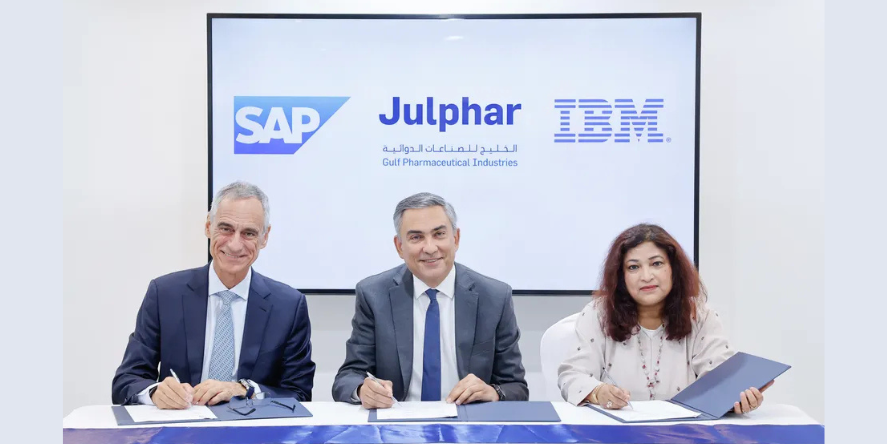 Basel Ziyadeh, Julphar Chief Executive Officer, Lula Mohanty, Managing Partner, IBM Consulting, and Sergio Maccotta, Senior Vice President and General Manager SAP MEA South, SAP. Image Courtesy: Julphar