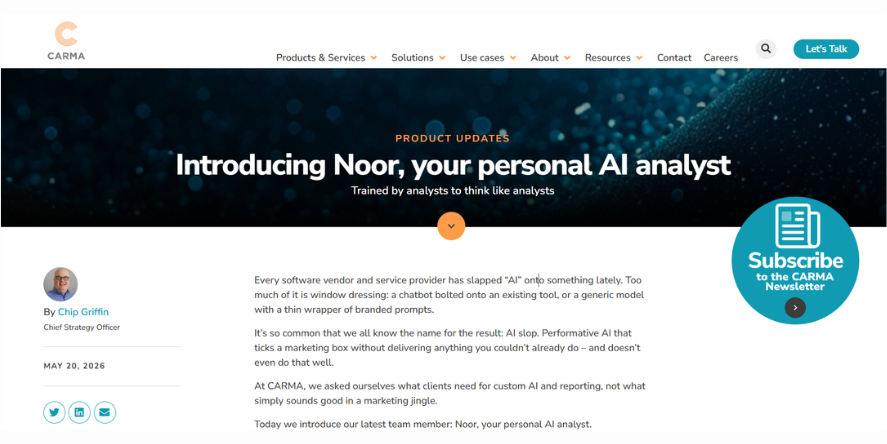 CARMA introduces Noor, a tailored AI analyst designed specifically for communications professionals. (Image Courtesy- Camra official website)