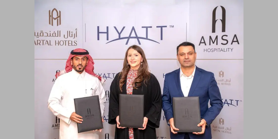 Fahad Al Khunaini, Chief Executive Officer at Artal Hotels, Briana Swift, VP Development for Saudi Arabia at Hyatt, and Aamir Riaz, COO of Amsa Hospitality. Image Courtesy-Amsa Hospitality