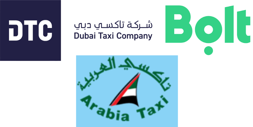 Dubai Taxi Company, Bolt Network and Arabia Taxi Company Logos. Image Courtesy-Official Websites