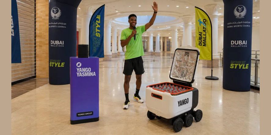 Yango Group’s AI Assistant Yasmina and autonomous delivery robot take part in the Dubai Mallathon experience at Dubai Festival City Mall. Image Courtesy: Yango Group