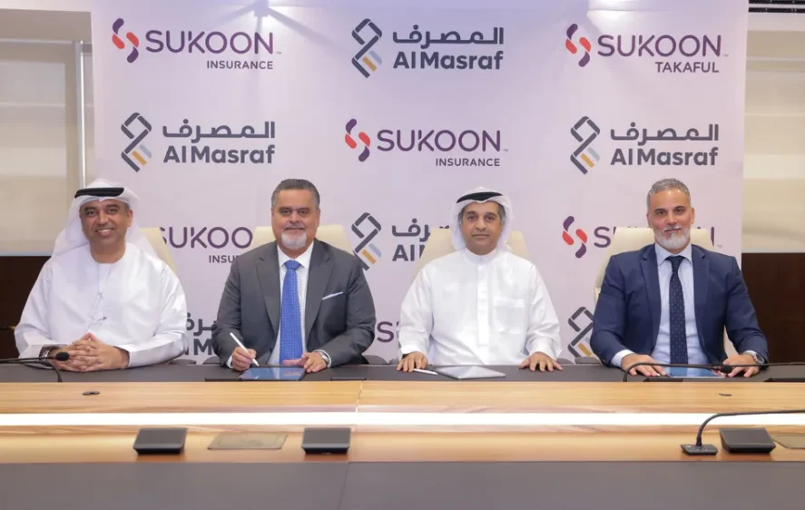 Ahmad Yousuf, Chief Retail Banking Officer, Al Masraf; Hammad Khan, Interim CEO, Sukoon Insurance; Fuad Mohamed, Chief Executive Officer, Al Masraf; and Ahmed Abushanab, CEO, Sukoon Takaful. Image courtesy: Sukoon Insurance