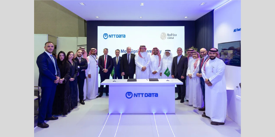 NTT DATA, a global leader in AI, digital business and technology services and Red Sea Global (RSG), the developer behind regenerative tourism destinations; The Red Sea and AMAALA, today signed a strategic partnership agreement. Image courtesy: NTT DATA